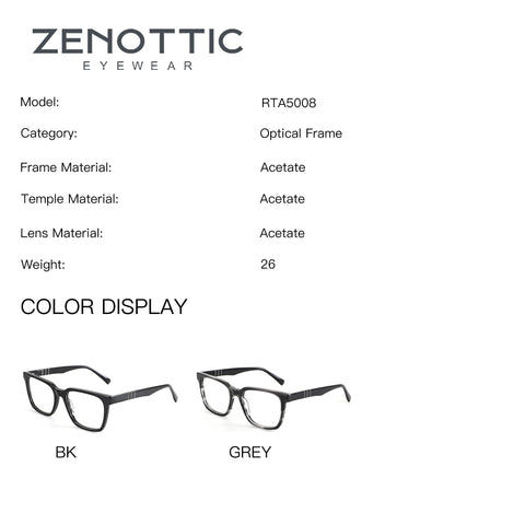 Zenottic Eyeglasses RTA5008 square acetate frames in black and grey.