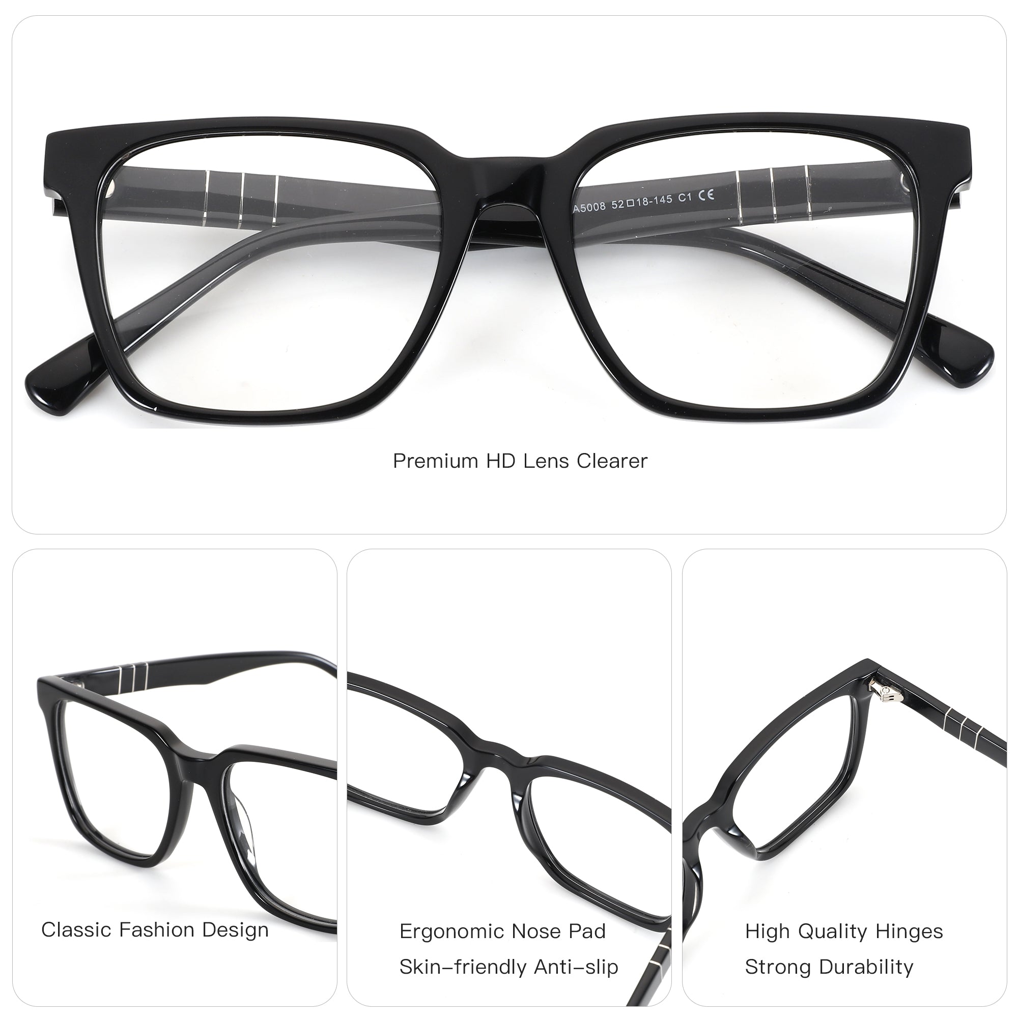ZENOTTIC A5008 black acetate square eyeglasses, classic fashion design