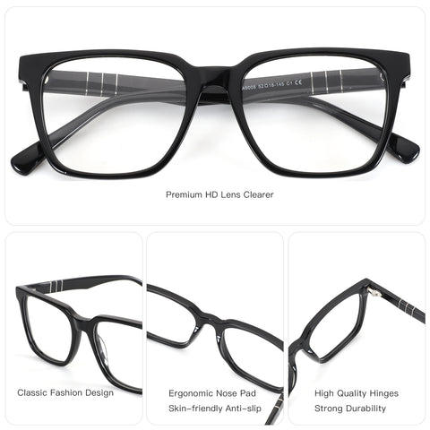 ZENOTTIC A5008 black acetate square eyeglasses, classic fashion design
