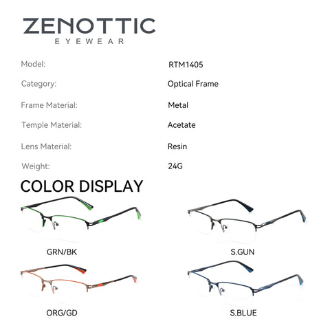 Zenottic Yancy eyeglasses RTM1405: metal frame, acetate temples. Available in GRN/BK, ORG/GD, S.GUN, S.BLUE.
