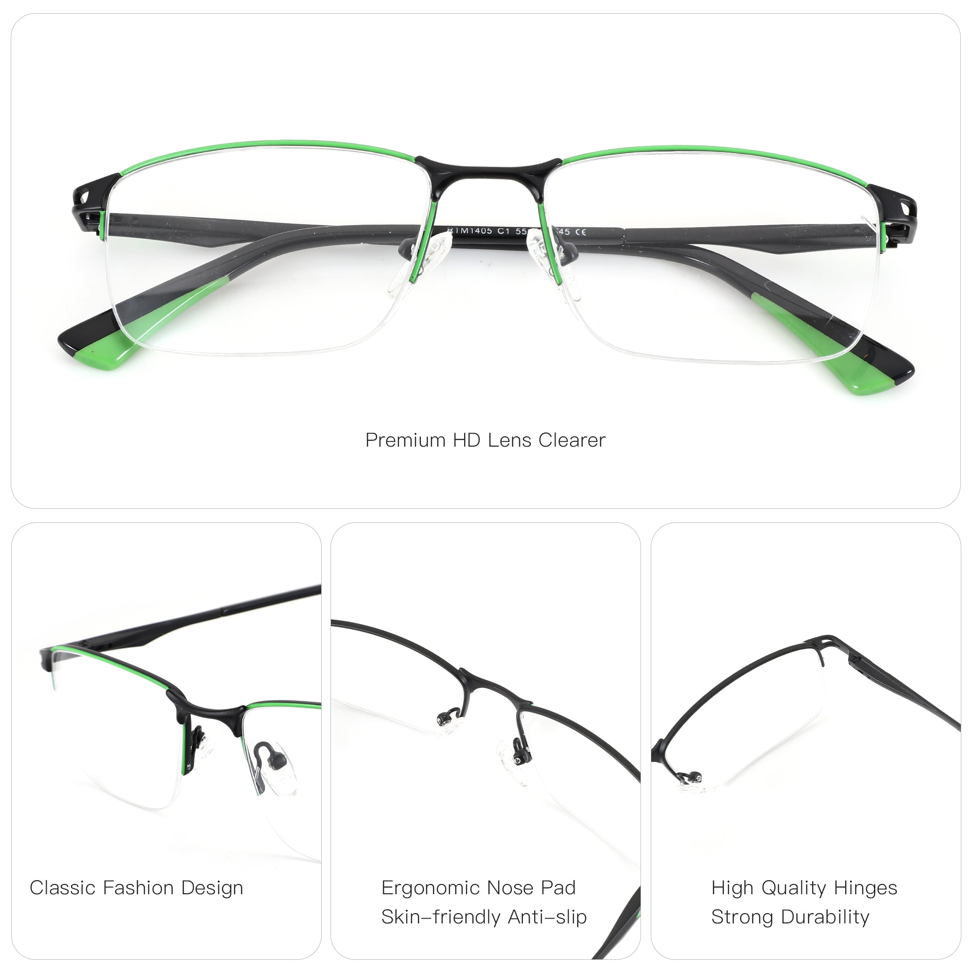 Zenottic Yancy eyeglasses: black metal frame, green accents, square shape, ergonomic nose pads. Durable hinges.