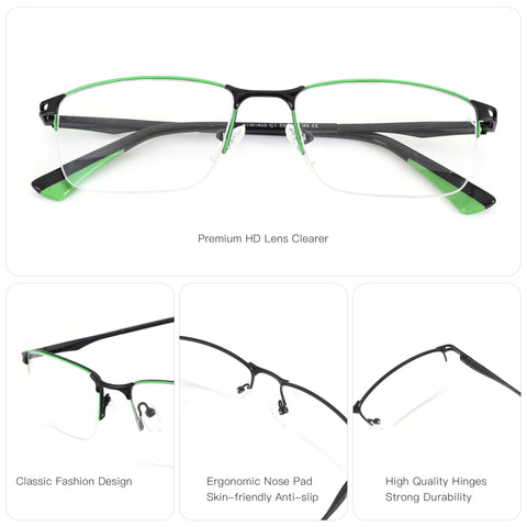 Zenottic Yancy eyeglasses: black metal frame, green accents, square shape, ergonomic nose pads. Durable hinges.