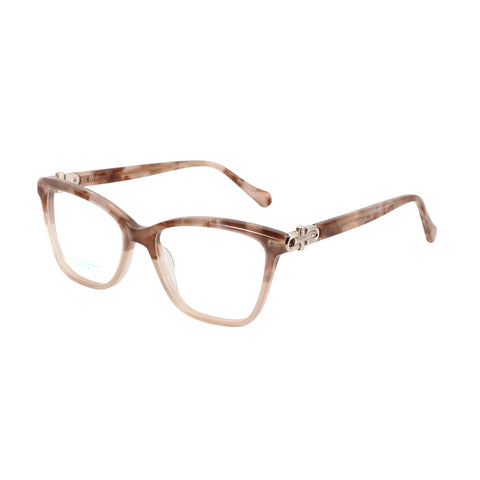 Translucent brown square acetate eyeglasses with clear lenses and metal hinge detail