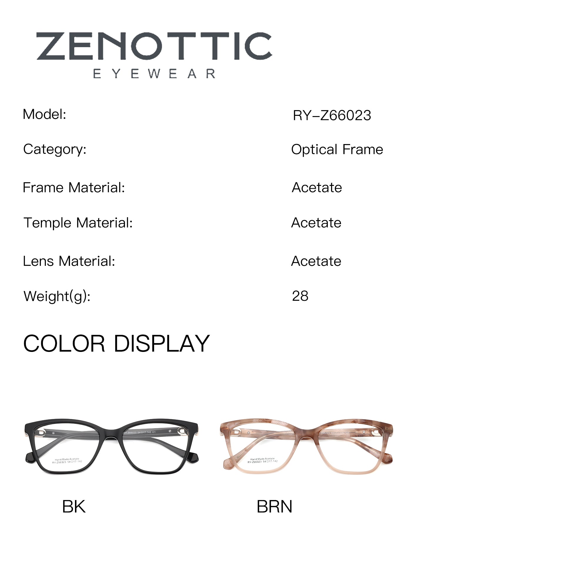 Zenottic Hallie acetate square eyeglasses in black and brown, optical frame, clear lenses