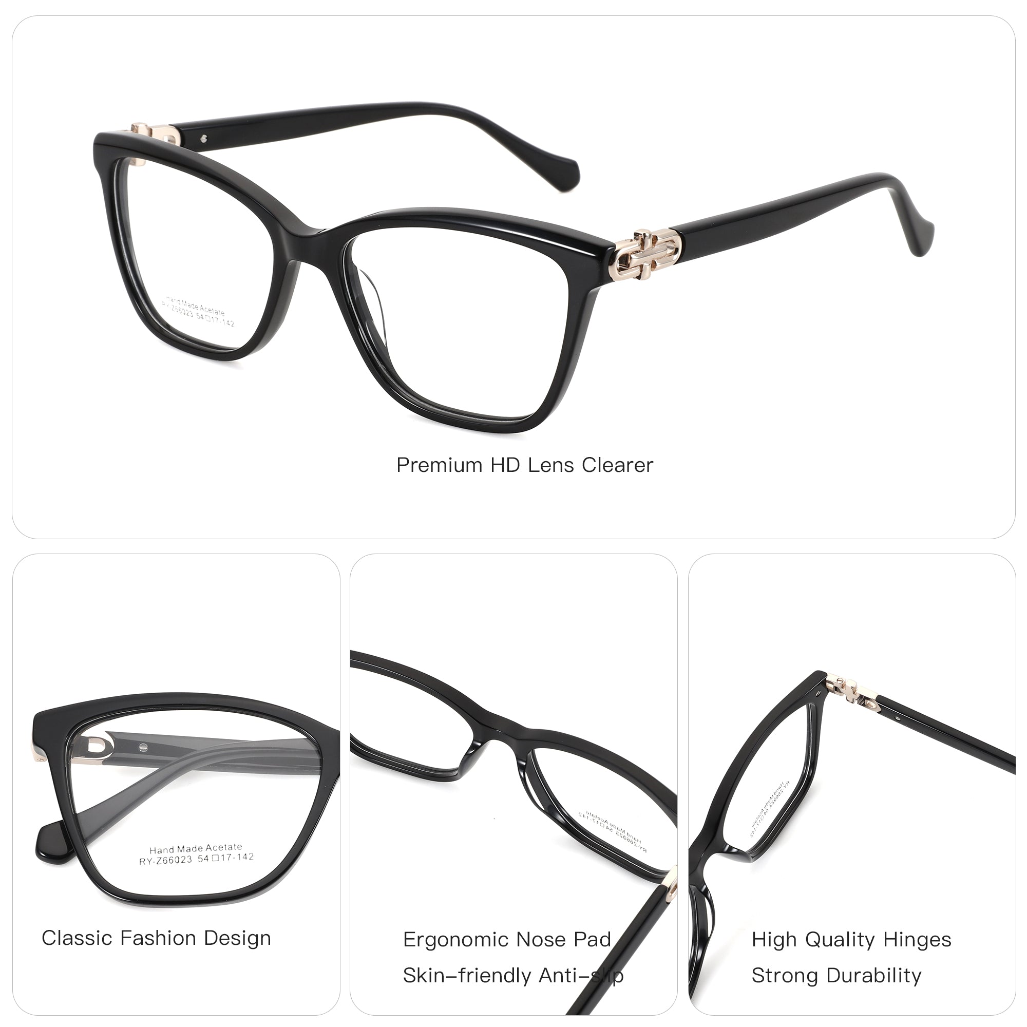 Black acetate square Zenottic blue light eyeglasses with gold hinge detail