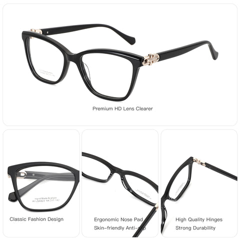 Black acetate square Zenottic blue light eyeglasses with gold hinge detail