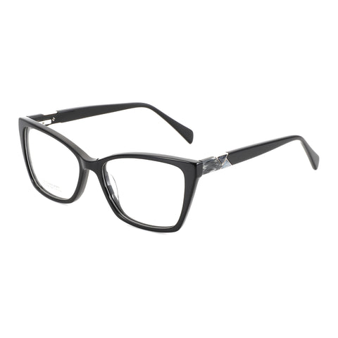 Black cat eye acetate eyeglasses with clear lenses and geometric temple detail