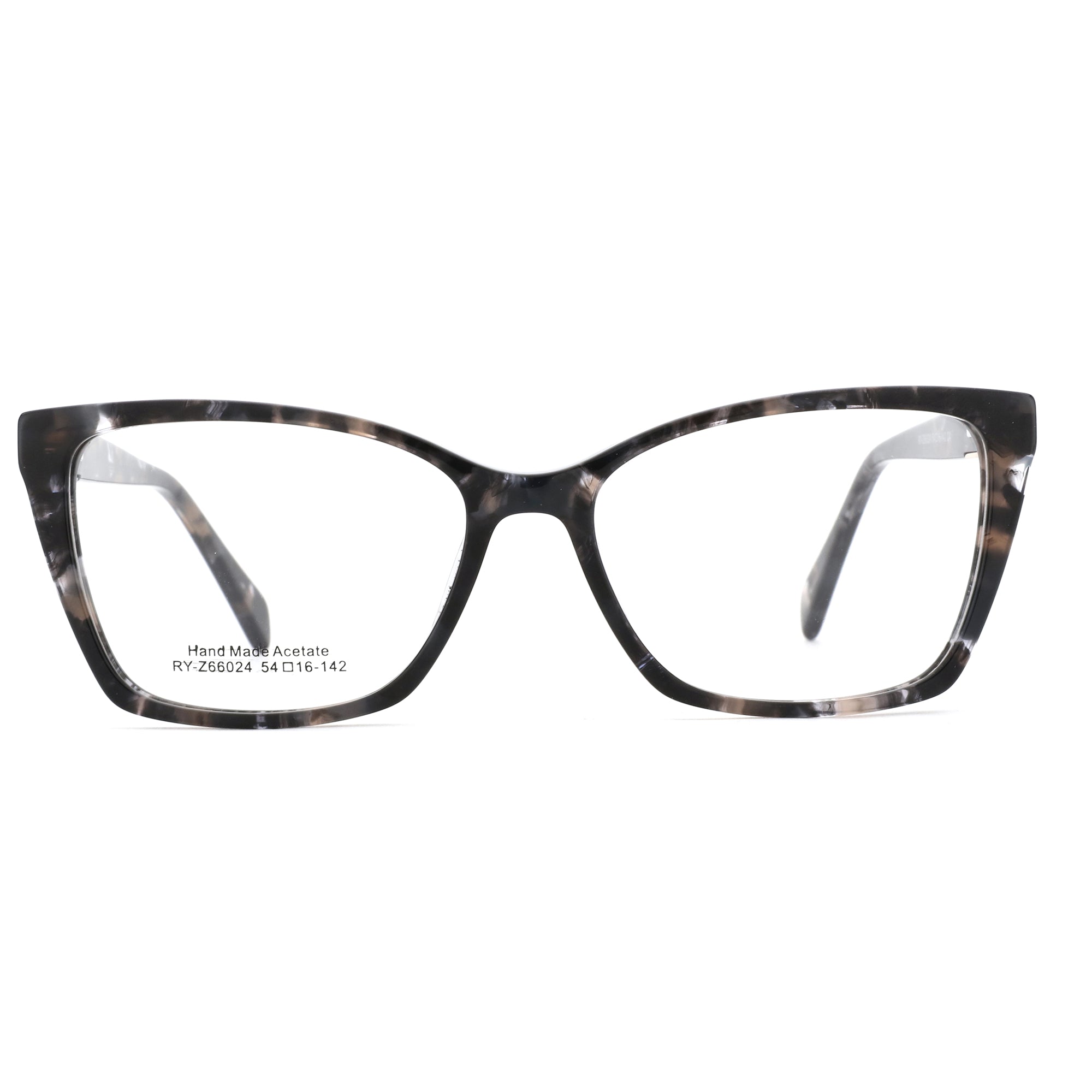 Black tortoiseshell acetate cat eye eyeglasses with clear demo lenses