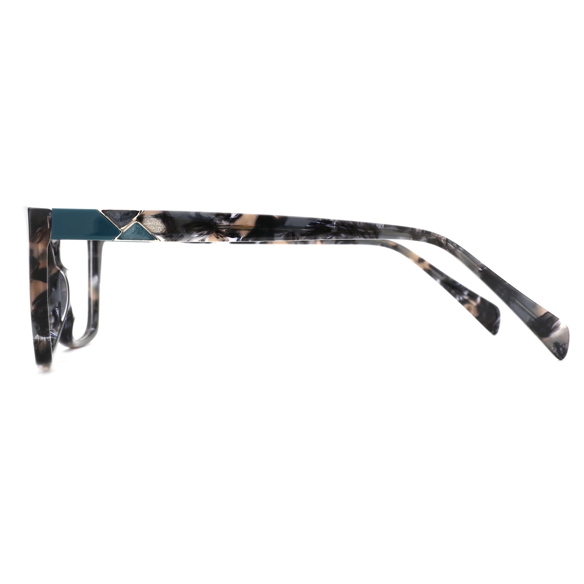 ZENOTTIC Corinne acetate cat eye eyeglasses temple detail in tortoiseshell and teal