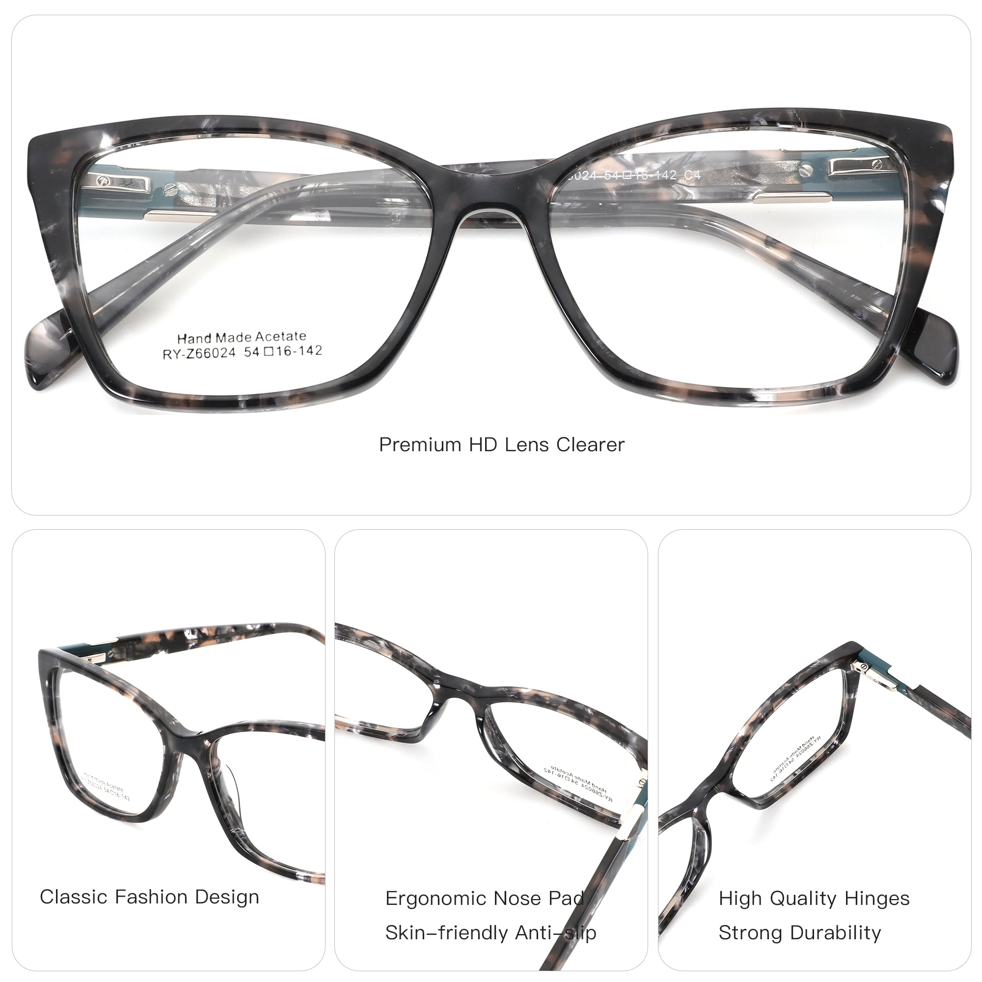 Black marble acetate cat eye eyeglasses with clear lenses, Premium HD Lens Clearer
