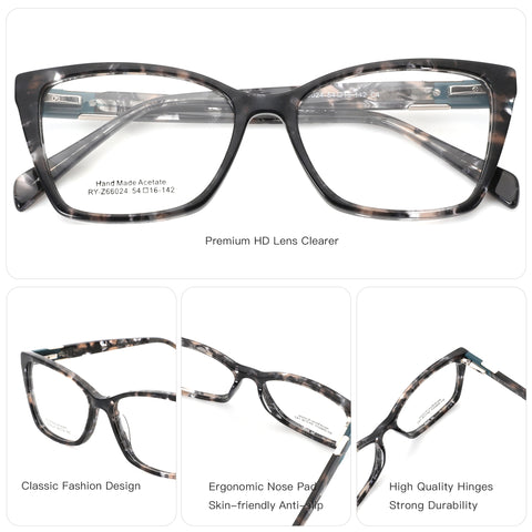 Black marble acetate cat eye eyeglasses with clear lenses, Premium HD Lens Clearer