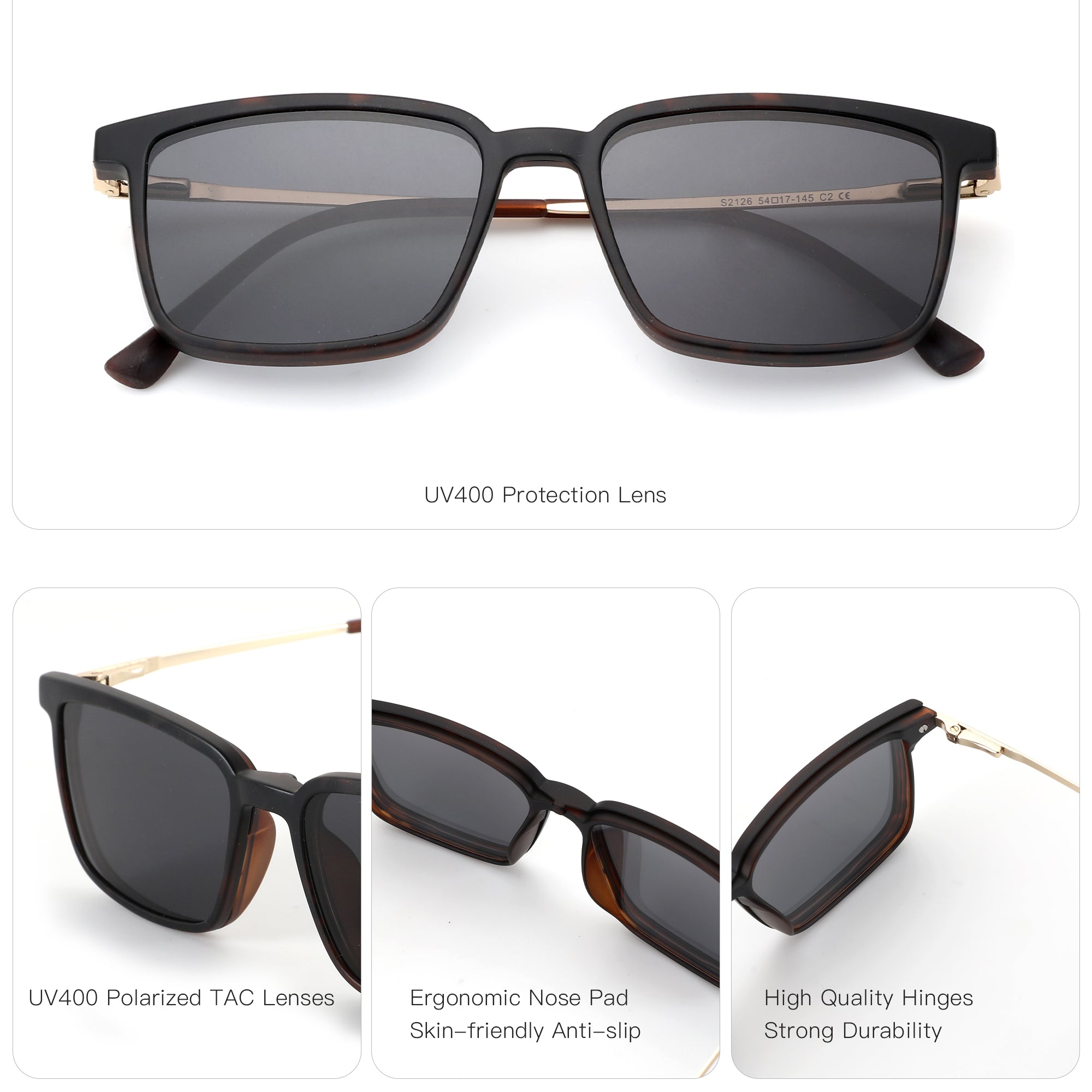 Zenottic Colin sunglasses: Square black frame with brown temples, UV400 lenses. Casual style.