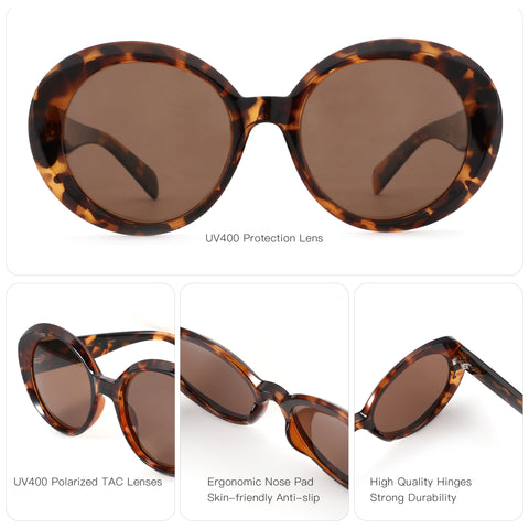 Zenottic Ashling round tortoiseshell sunglasses with brown UV400 polarized lenses, ergonomic nose pads, and durable hinges.