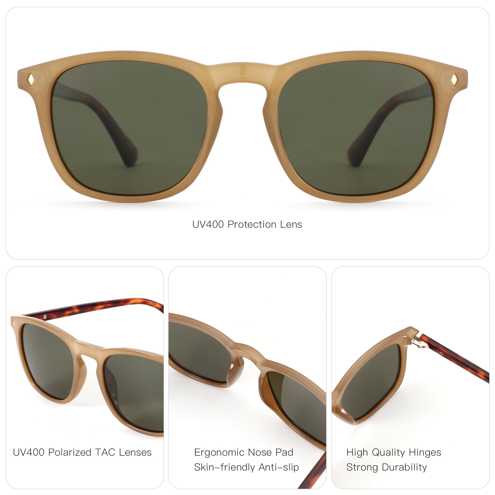 Zenottic Hugo sunglasses with matte brown frame, dark green polarized lenses, and UV400 protection.