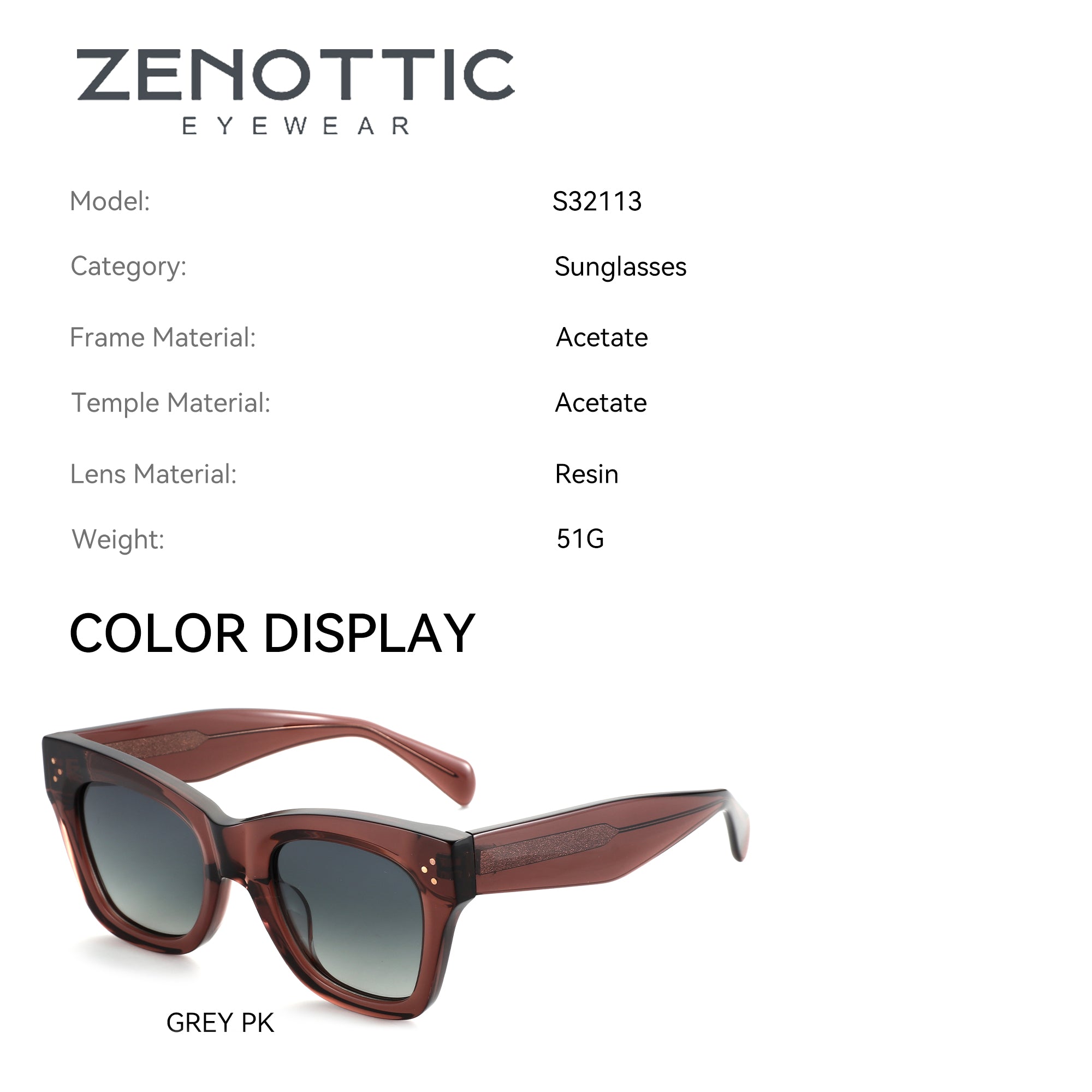 Zenottic Radoslava sunglasses in Grey PK, acetate frame, resin lenses, model S32113, sunglasses for women.