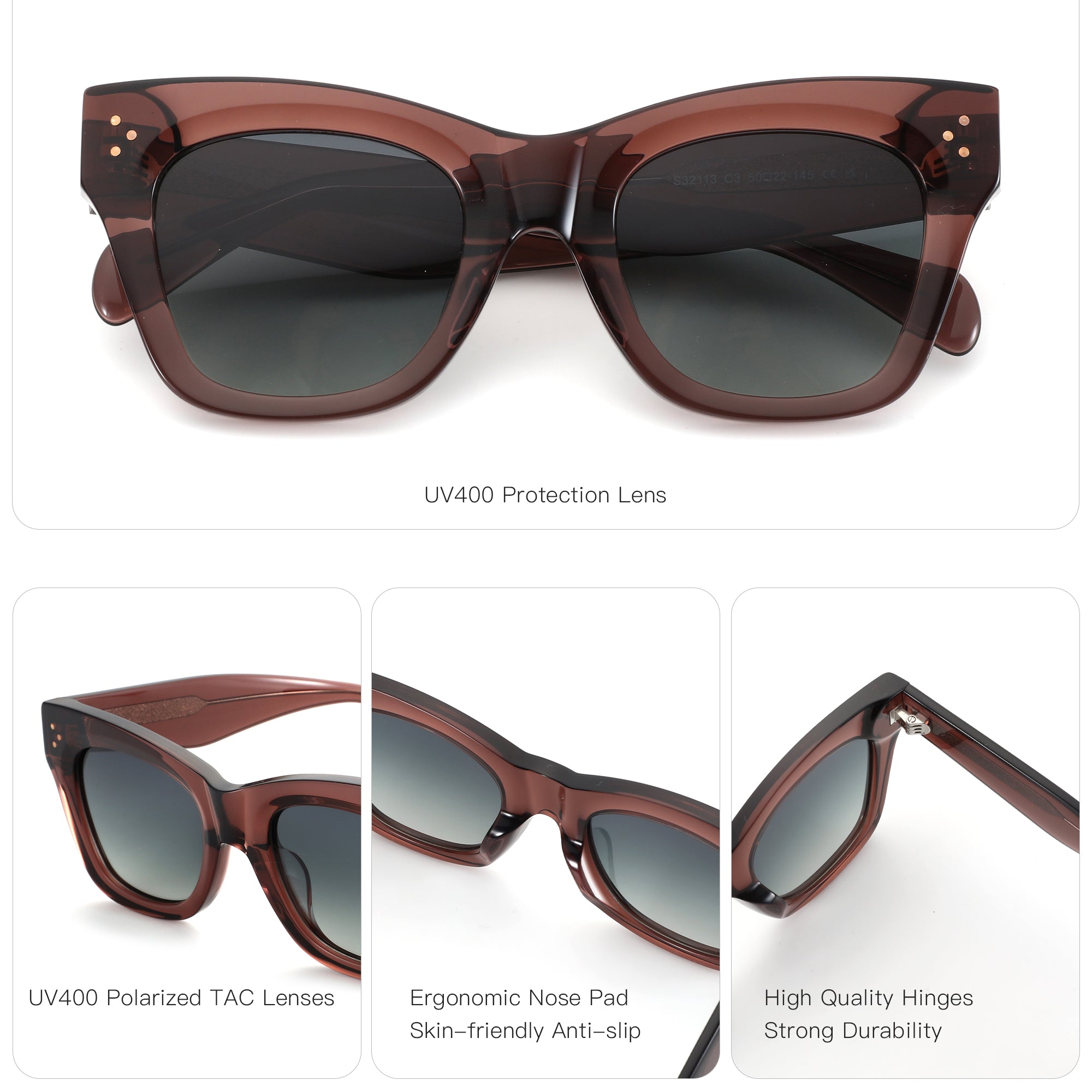 Zenottic Radoslava sunglasses with brown acetate frame, UV400 protection lenses, and ergonomic nose pads for women.