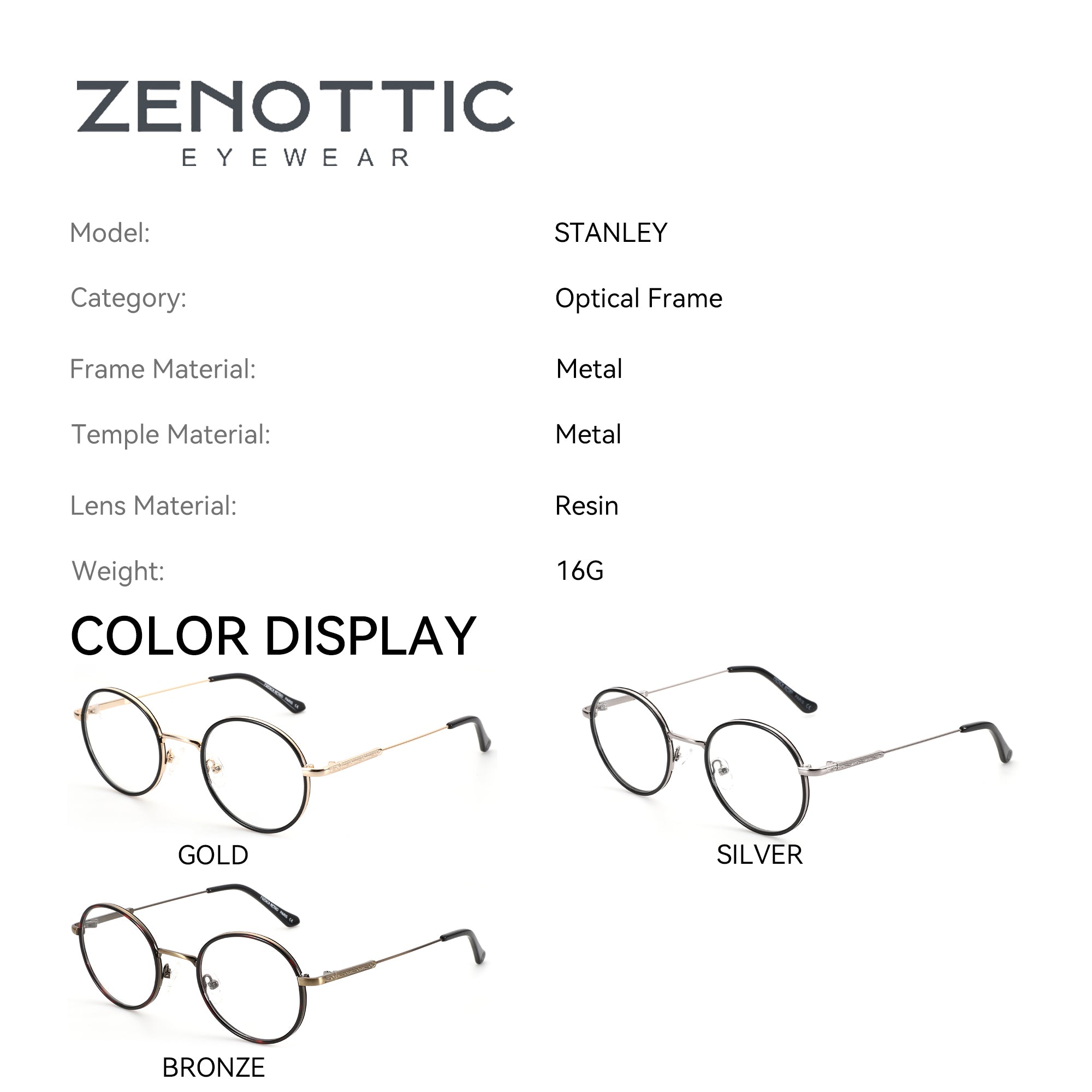 Zenottic Stanley eyeglasses in gold, silver and bronze, metal frames, French Retro design, round shape