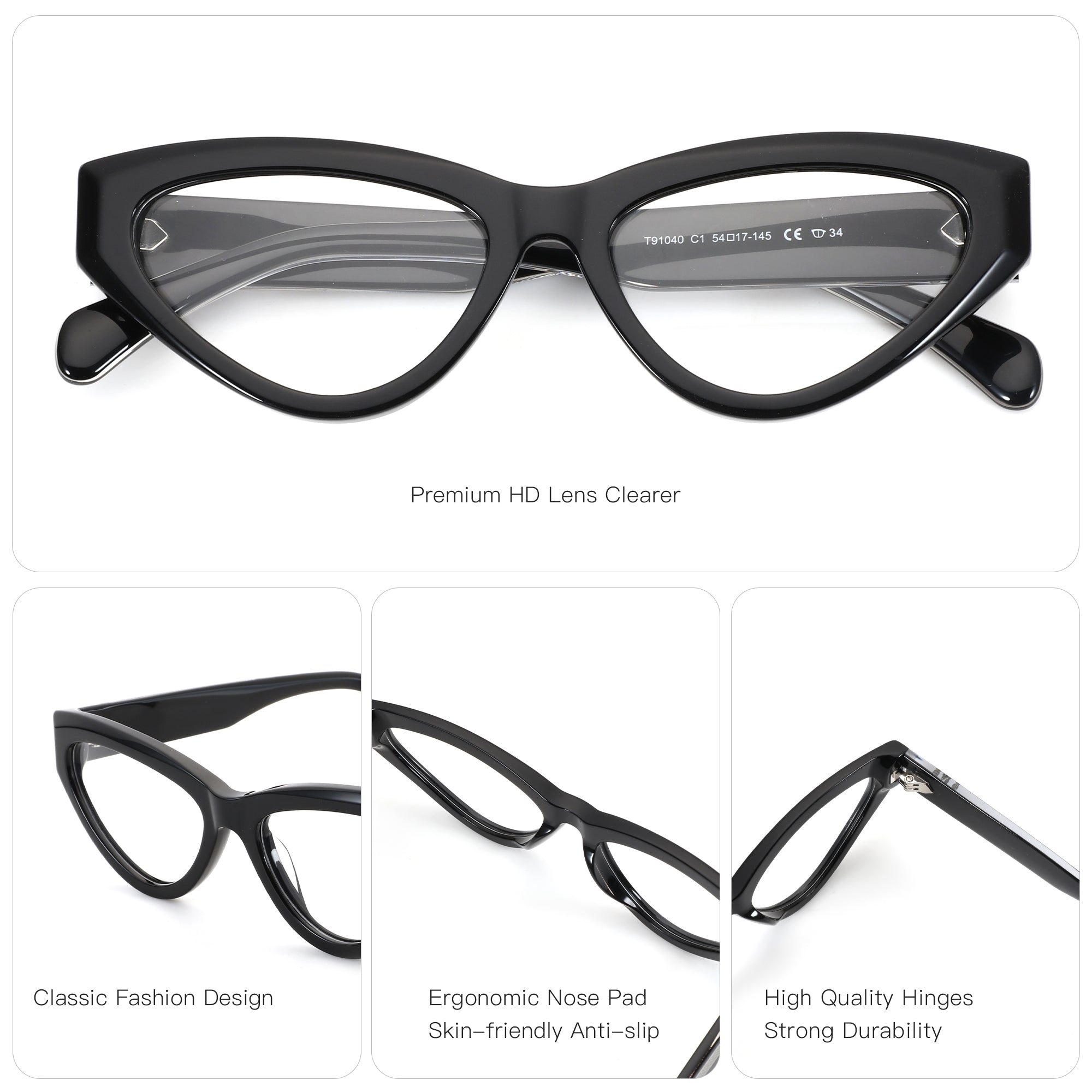 Zenottic Elowen black cat-eye acetate eyeglasses. Features HD clear lenses, classic design, ergonomic nose pads, and durable hinges.