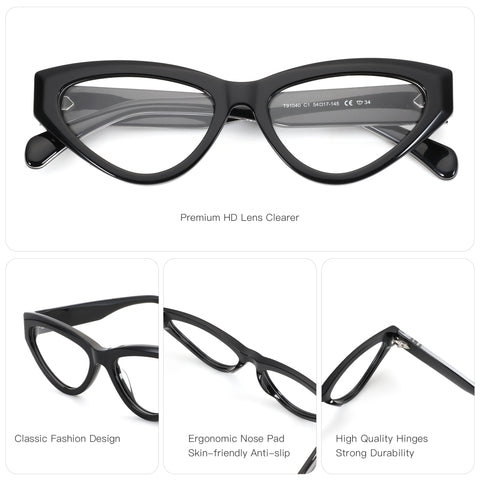 Zenottic Elowen black cat-eye acetate eyeglasses. Features HD clear lenses, classic design, ergonomic nose pads, and durable hinges.