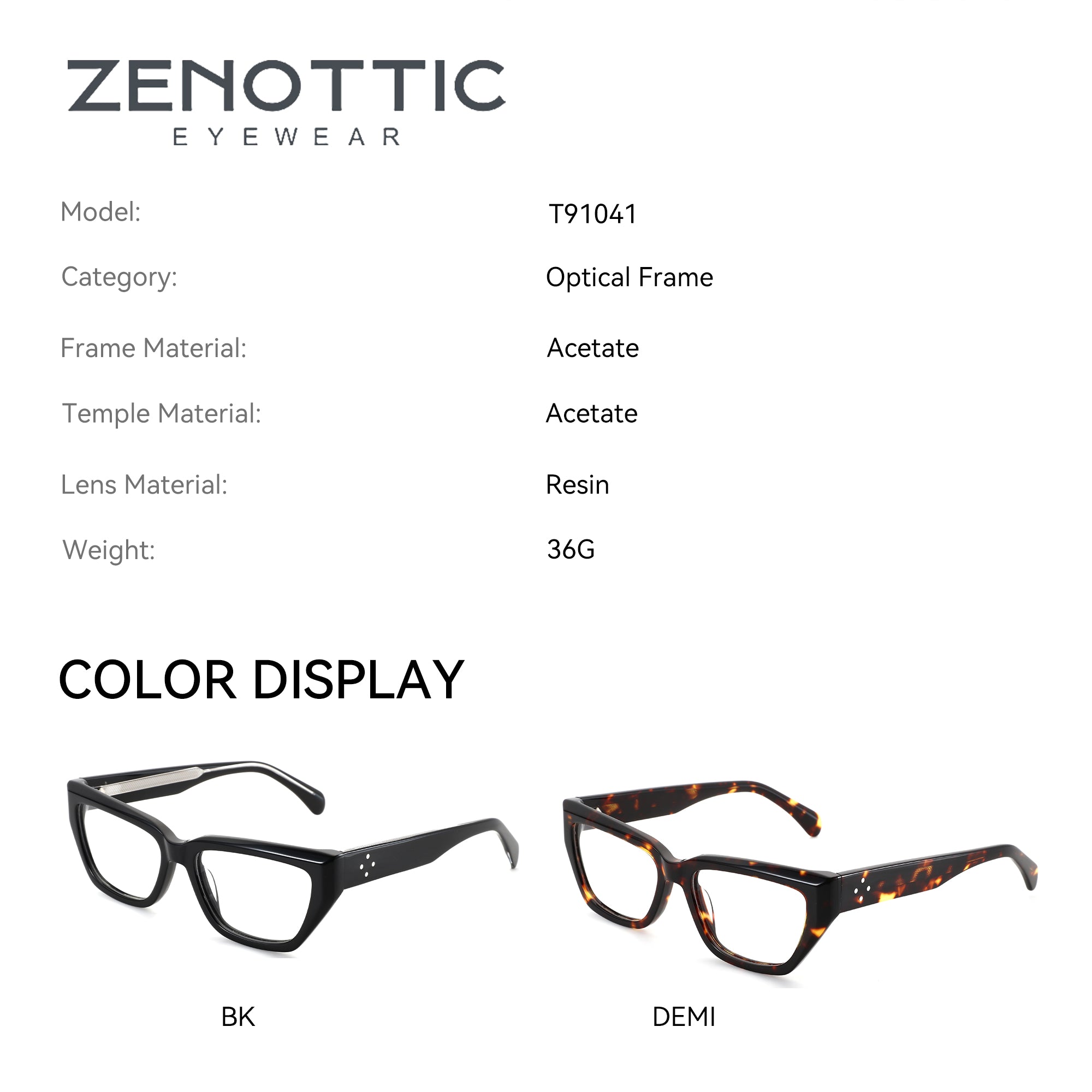 Zenottic Lumi T91041 eyeglasses in BK and DEMI acetate frames, showing color options.