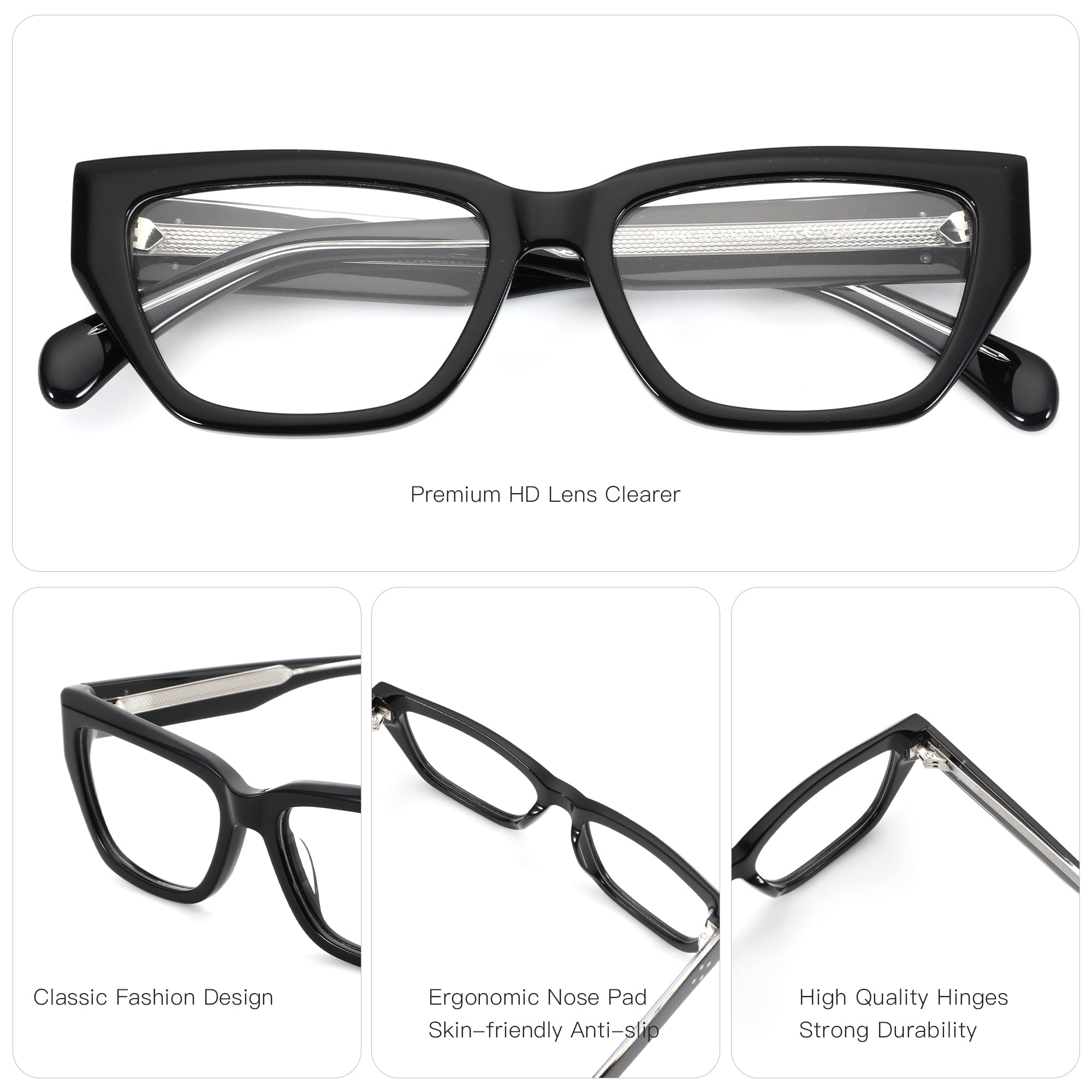 Zenottic Lumi black acetate eyeglasses with classic fashion design, ergonomic nose pads, and high-quality hinges.