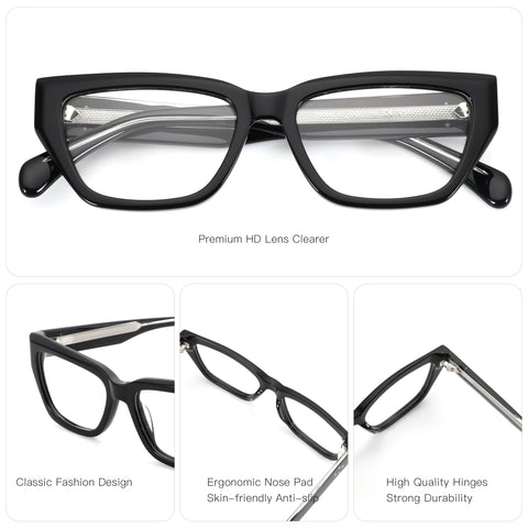 Zenottic Lumi black acetate eyeglasses with classic fashion design, ergonomic nose pads, and high-quality hinges.