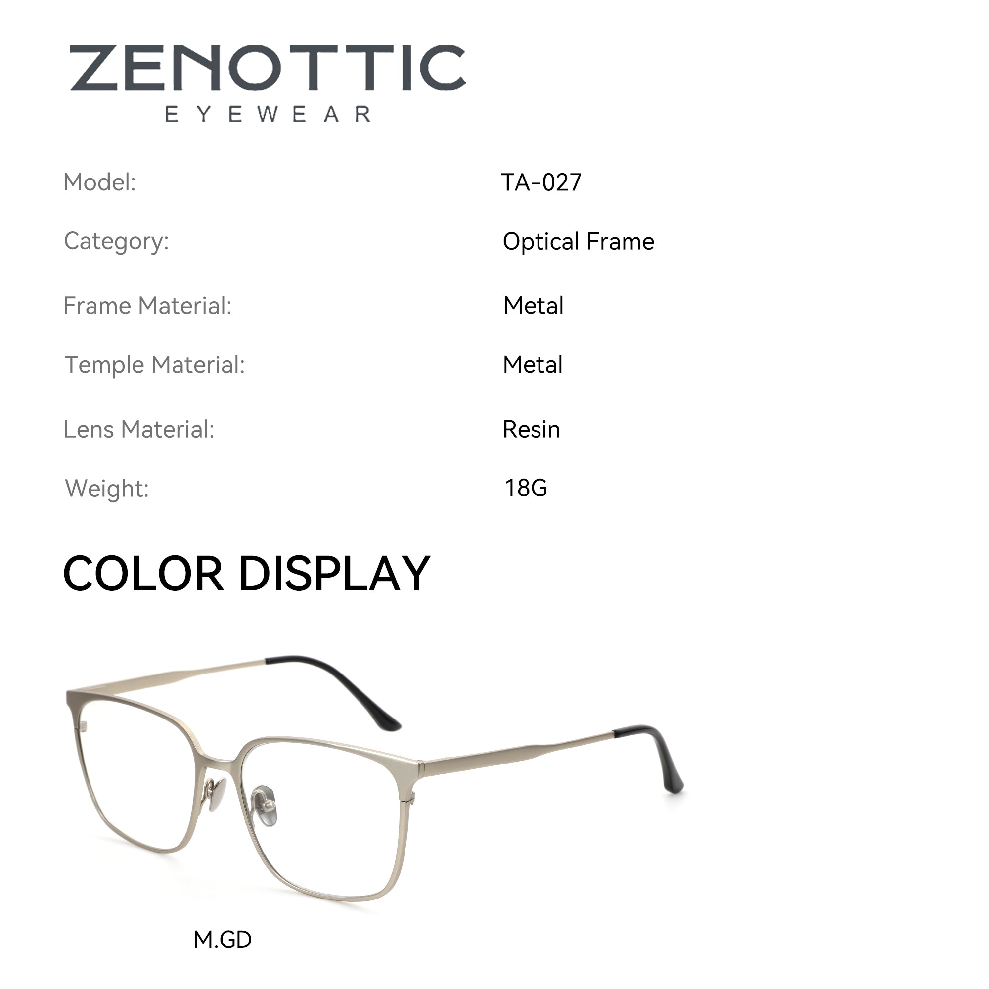 Zenottic Quince eyeglasses, metal optical frame, square shape, M.GD color, prescription ready