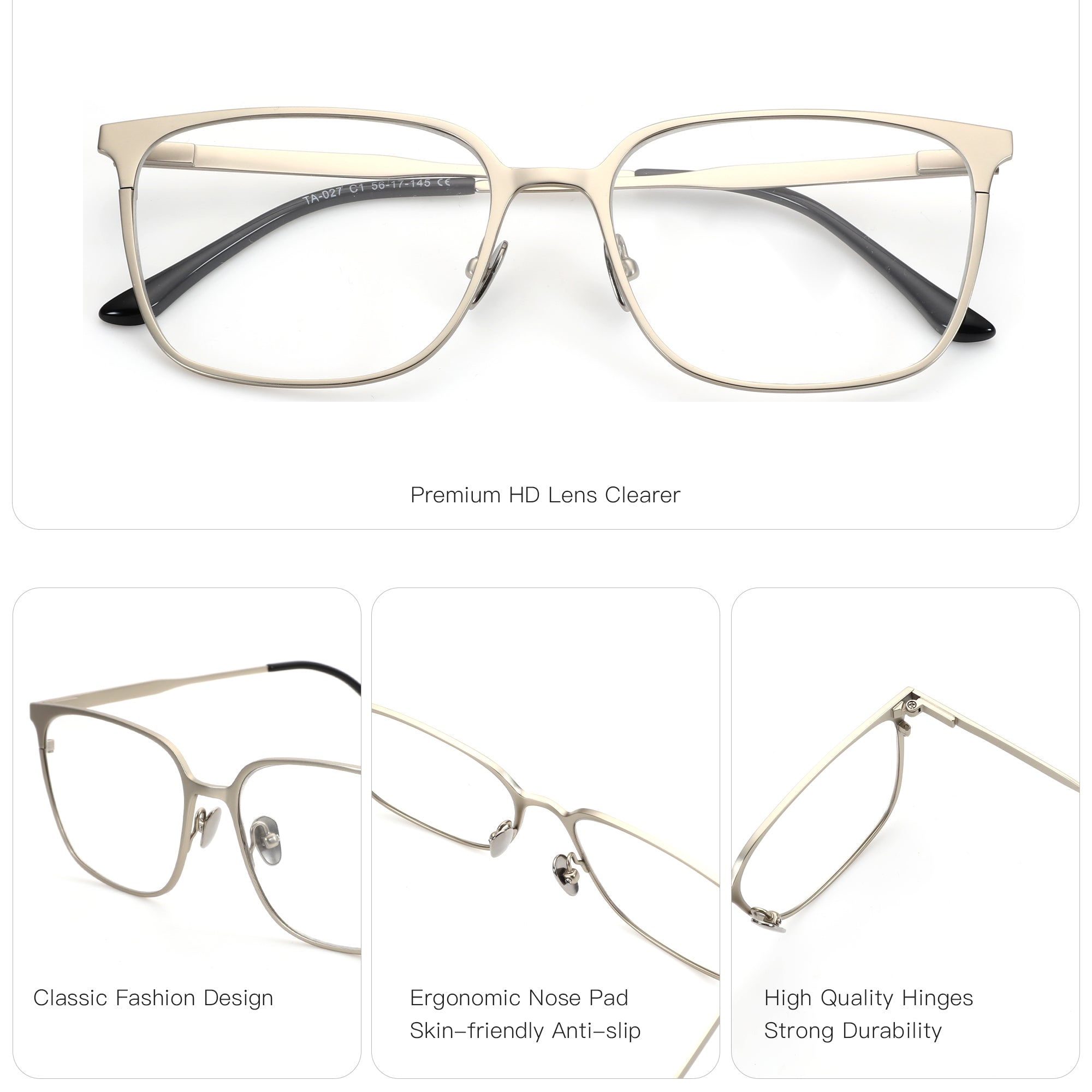 Zenottic Quince metal eyeglasses, square frame, HD Lens Clearer, classic design, ergonomic nose pad, durable hinges.