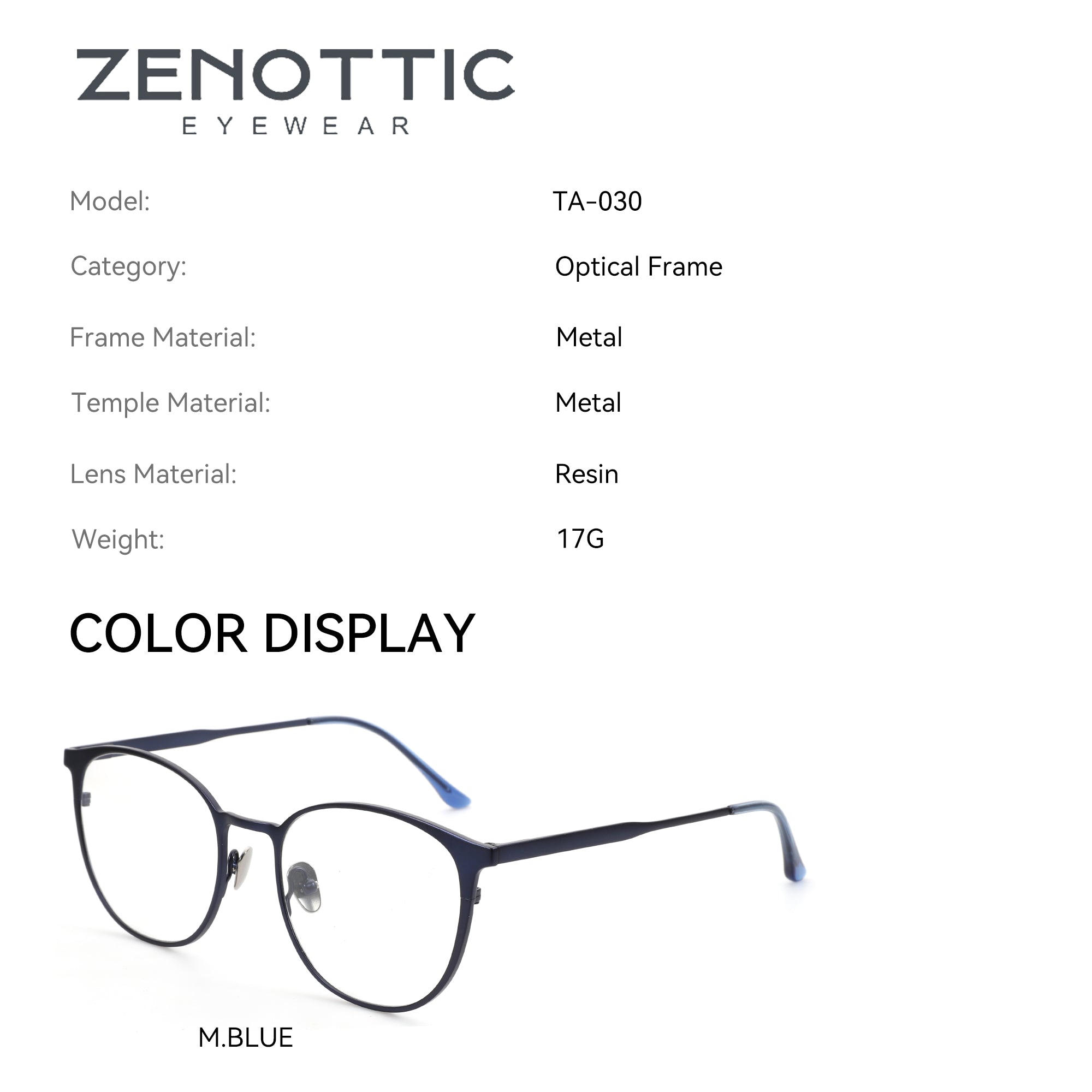 Zenottic Ive eyeglasses in M.BLUE, round metal frame with resin lenses. Model TA-030. Perfect for style and prescription.