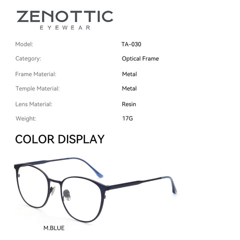 Zenottic Ive eyeglasses in M.BLUE, round metal frame with resin lenses. Model TA-030. Perfect for style and prescription.