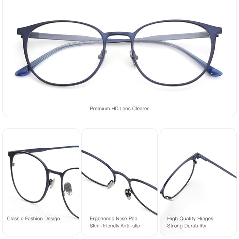 Zenottic Ive eyeglasses, navy blue metal frame, round shape, ergonomic nose pad, premium HD lenses, and durable hinges.