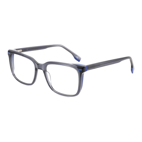 Black square acetate eyeglasses with blue temple tips and clear demo lenses