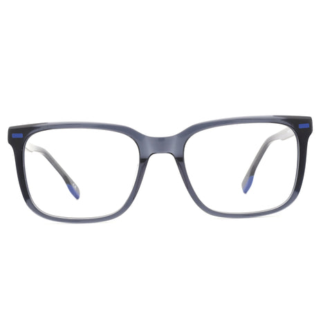 Dark gray square acetate eyeglasses with clear lenses and blue accents