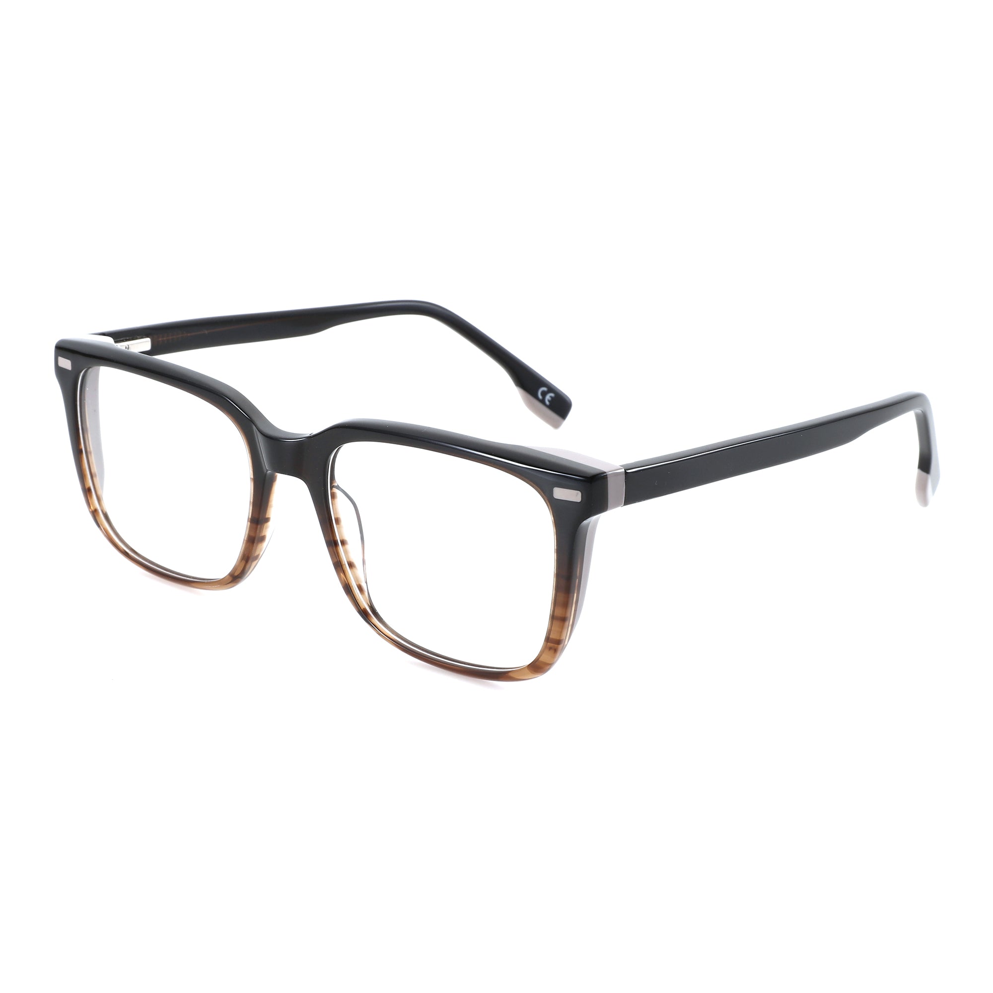 Black acetate square eyeglasses with brown tortoiseshell temples and clear lenses