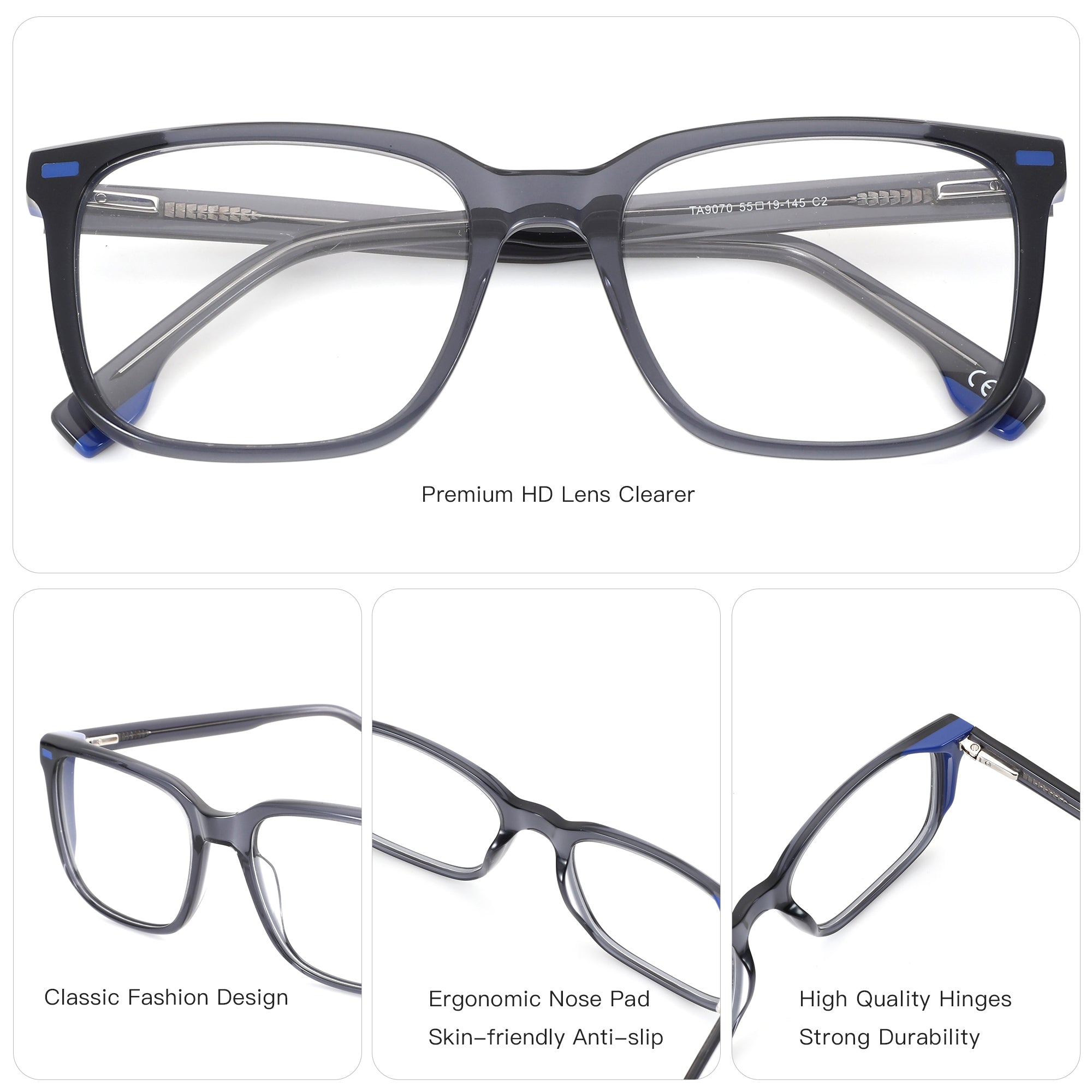 Zenottic square acetate eyeglasses with clear lenses, gray frame and blue temple tips