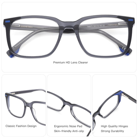 Zenottic square acetate eyeglasses with clear lenses, gray frame and blue temple tips