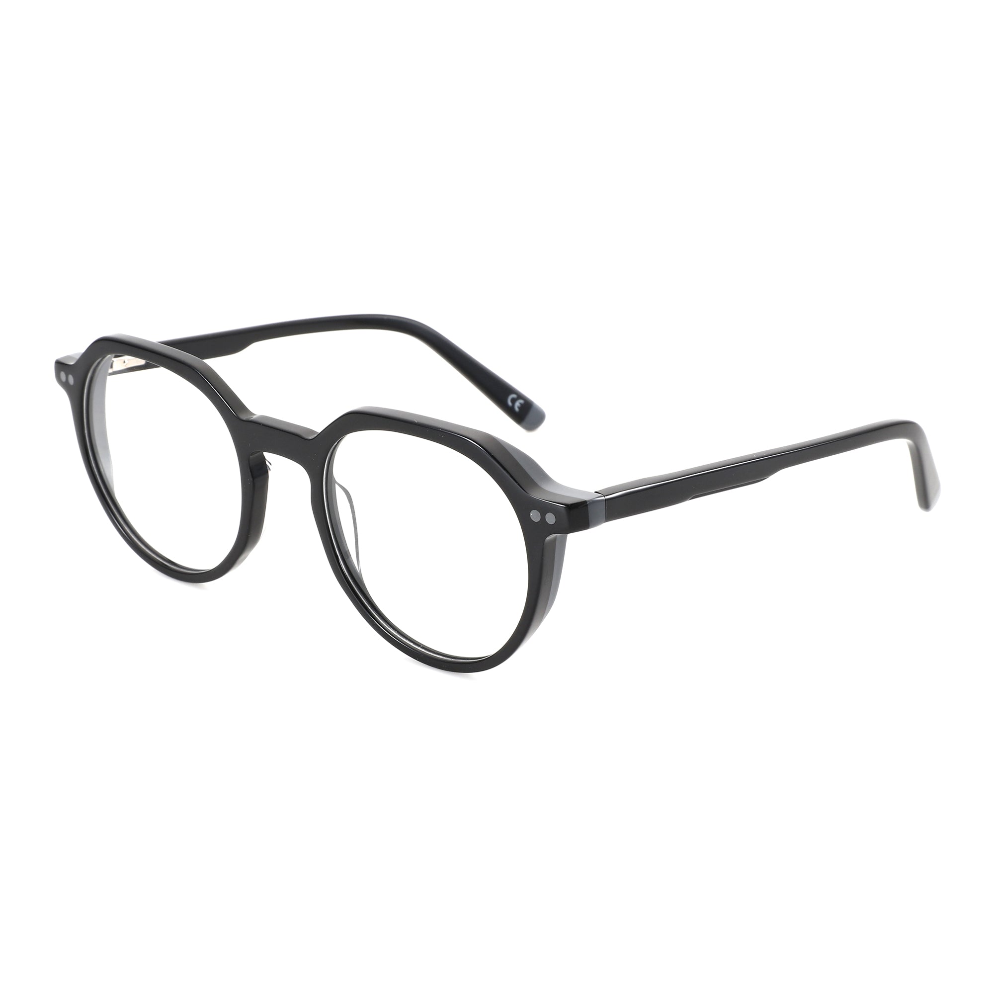 Black acetate geometric eyeglasses with clear demo lenses