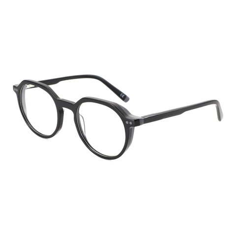 Black acetate geometric eyeglasses with clear demo lenses