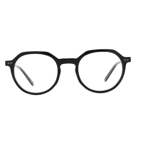 Black geometric acetate eyeglasses with clear lenses, retro full-rim blue light glasses