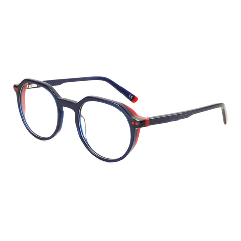 Blue acetate geometric eyeglasses with red accents and clear lenses