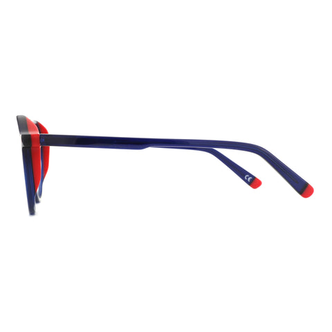Blue and red acetate geometric eyeglasses with clear demo lenses, side view