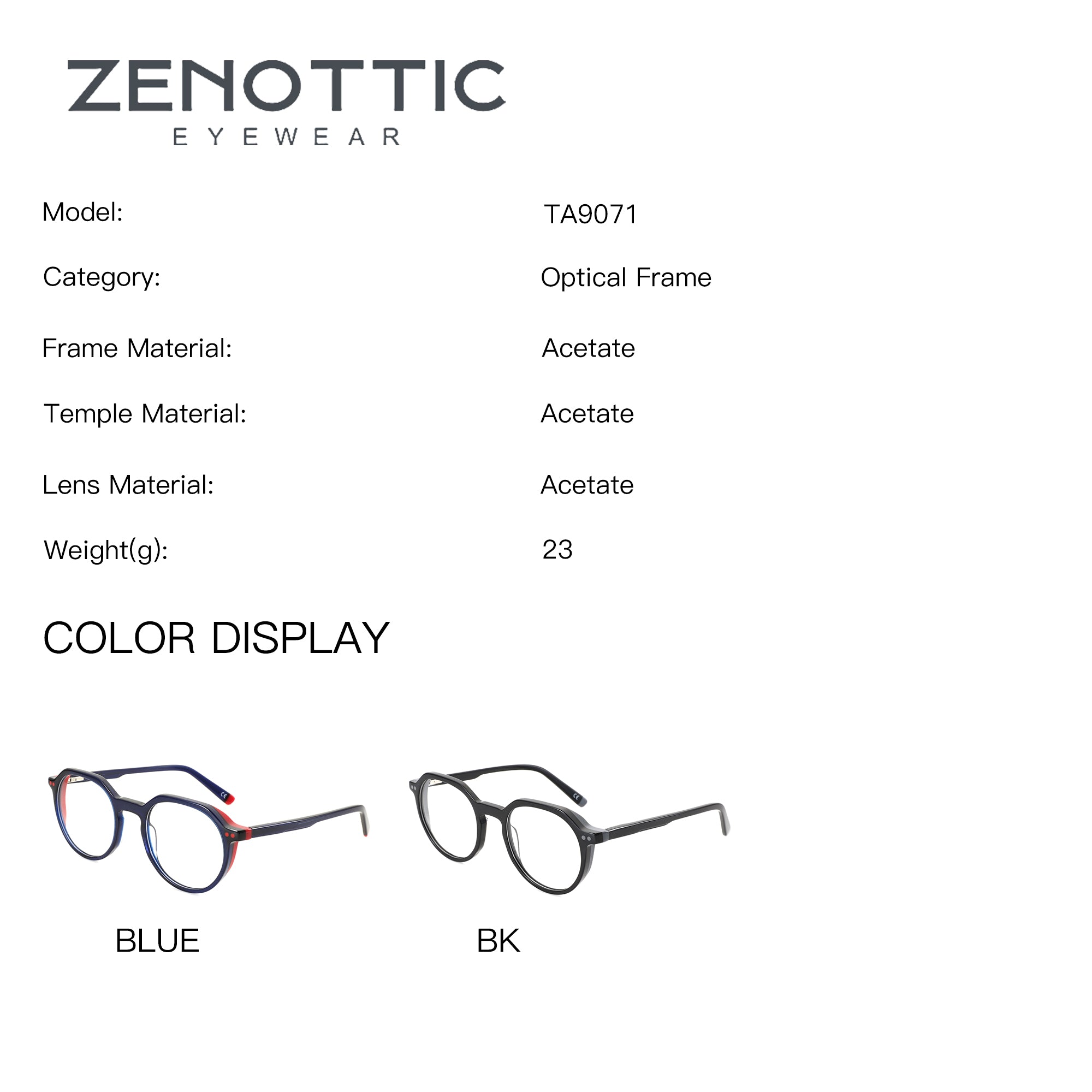 Zenottic TA9071 acetate optical frame in blue and black color options