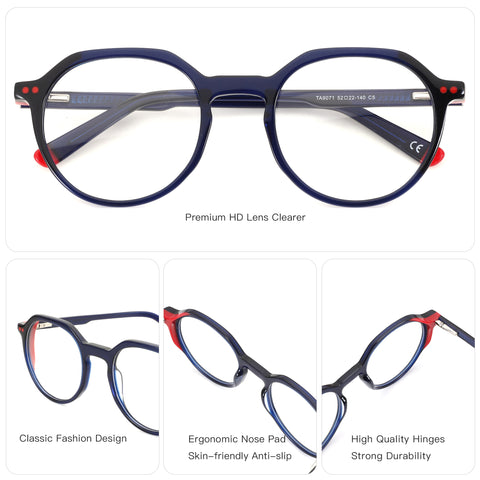 Navy geometric acetate eyeglasses with red accents, blue light blocking lenses
