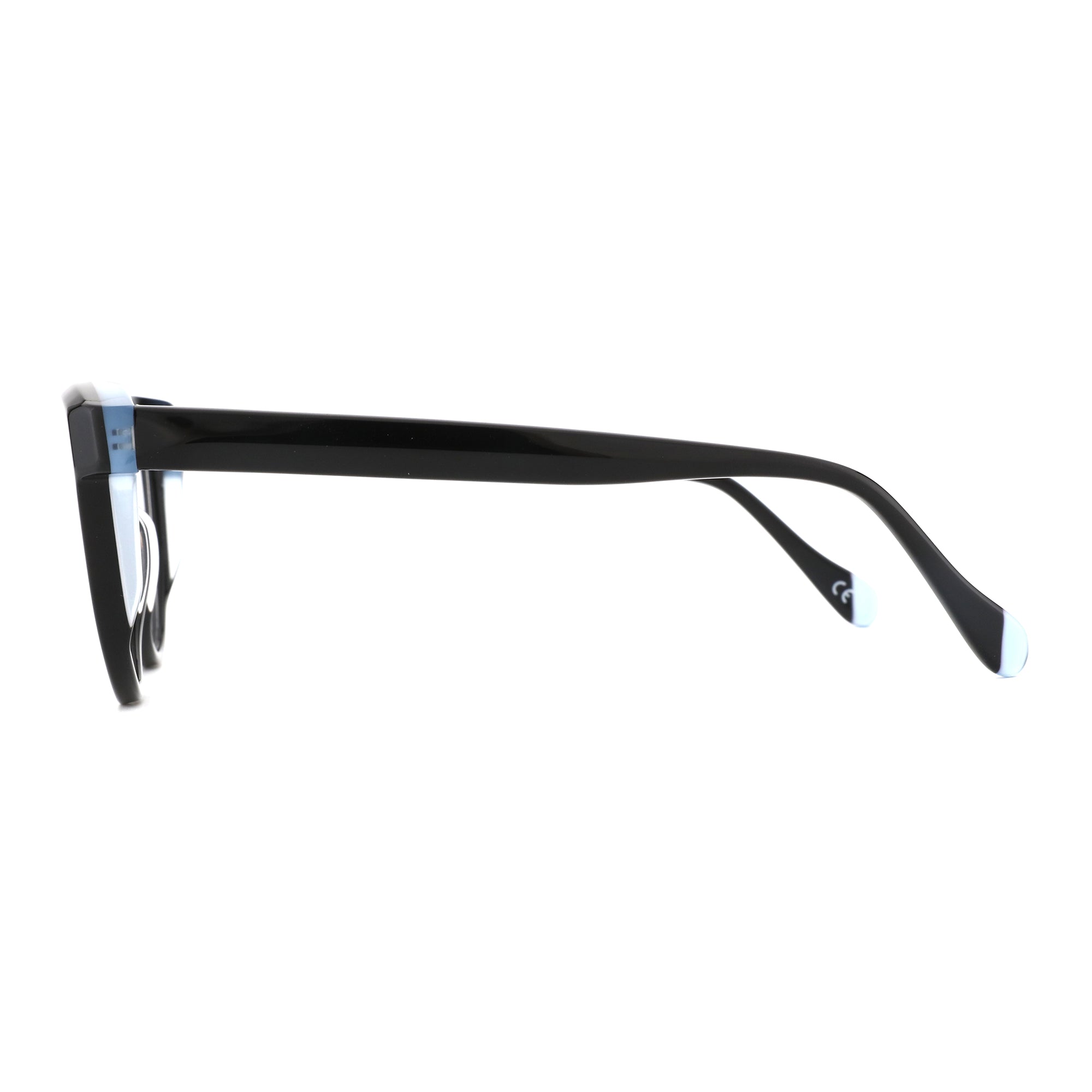 Black acetate round eyeglasses side view with clear lenses and blue temple tips