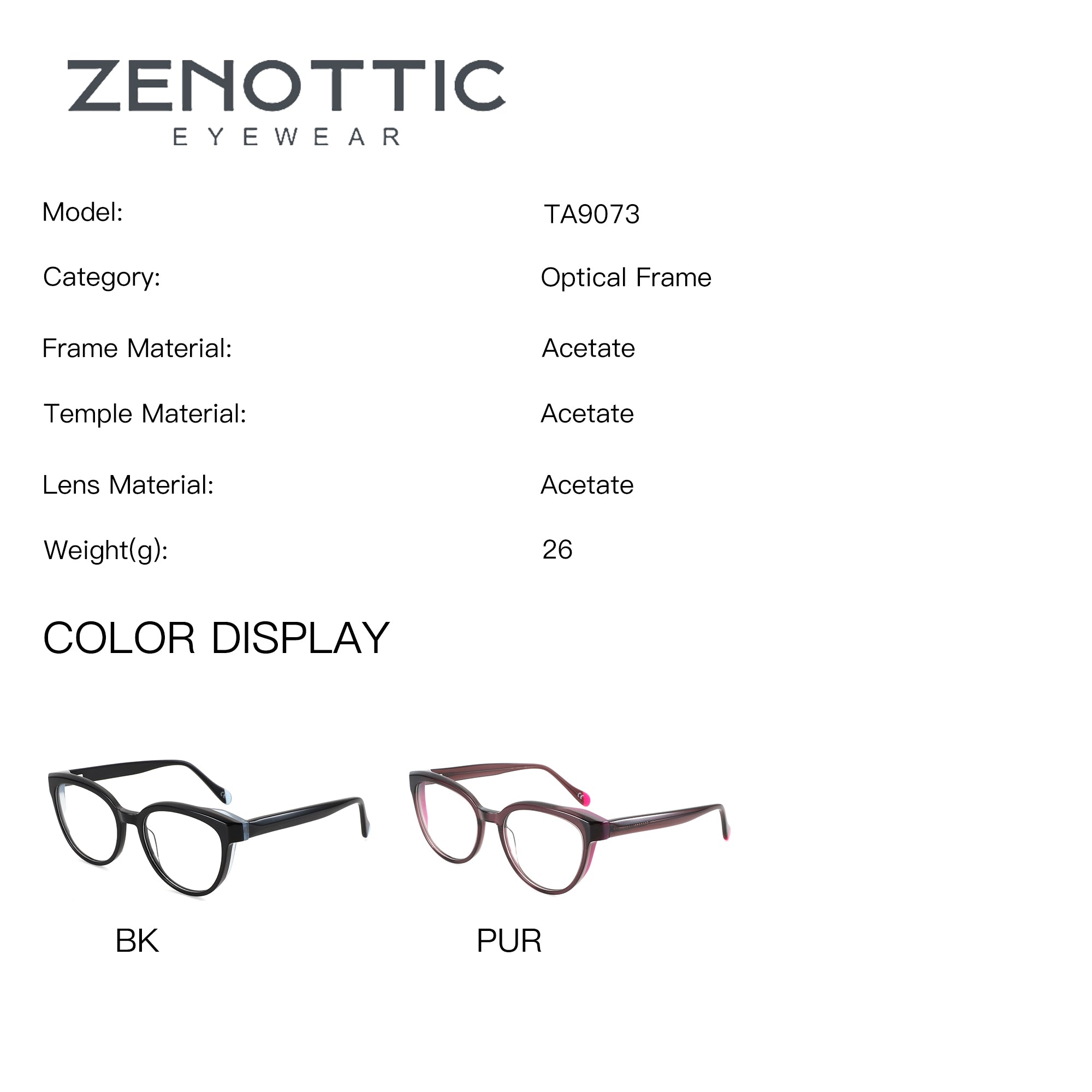 Zenottic TA9073 acetate optical frame, black and purple round eyeglasses
