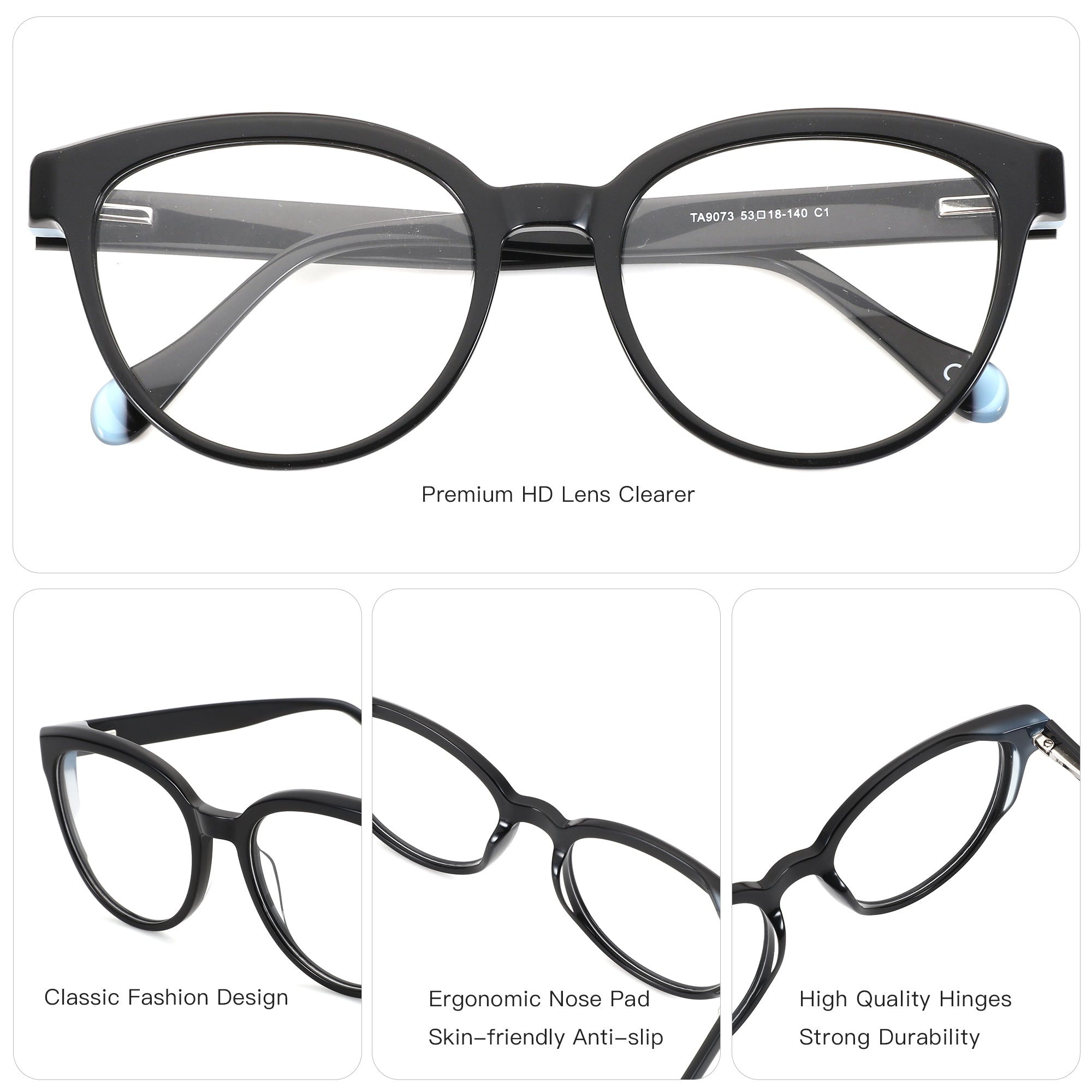 Black acetate round eyeglasses with clear lenses, ergonomic nose pads, and durable hinges