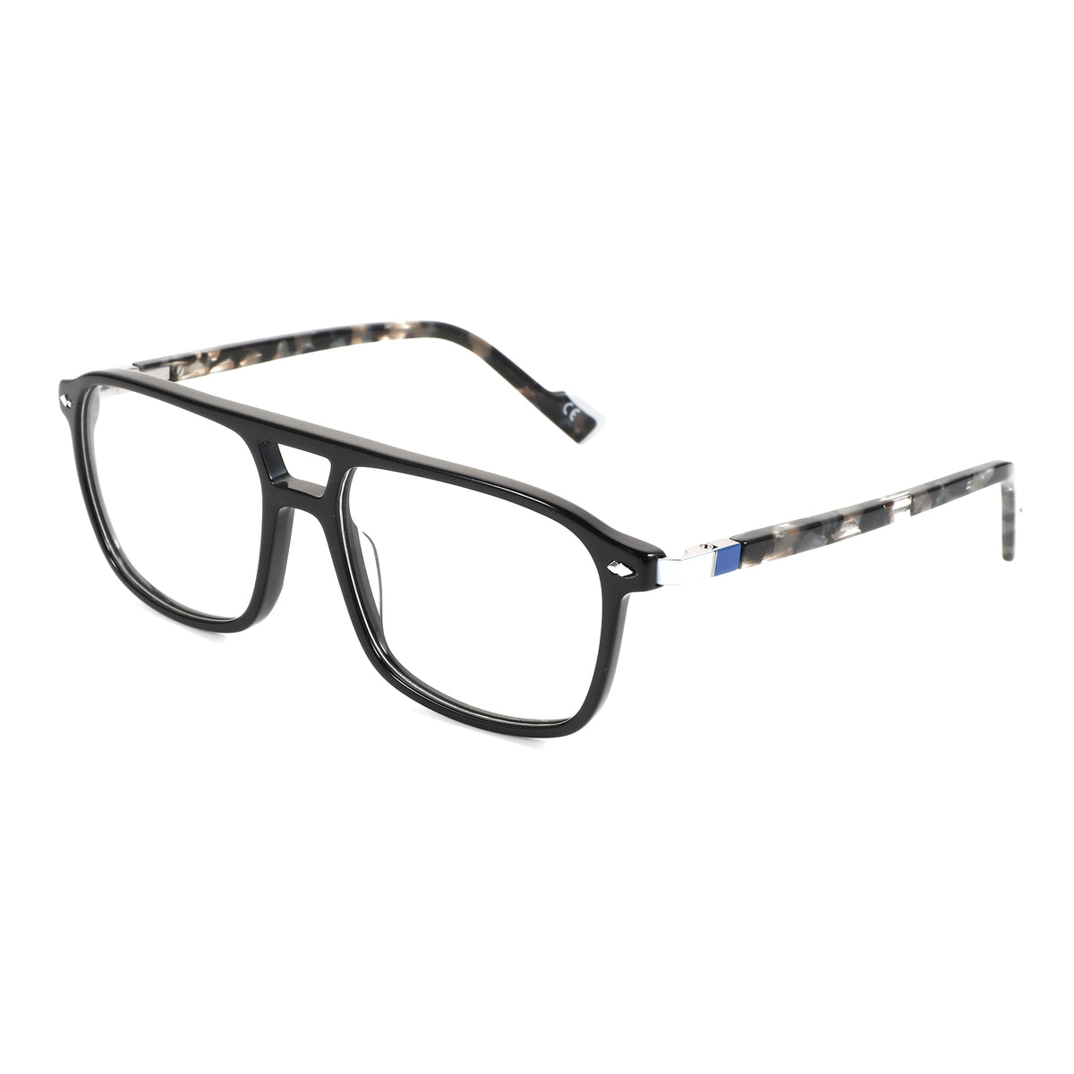 Black acetate Zenottic aviator eyeglasses with clear lenses and tortoiseshell temples