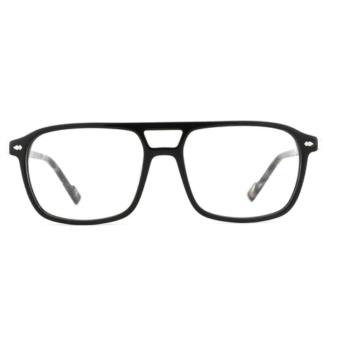 Black acetate aviator eyeglasses with clear demo lenses, retro full-rim frame