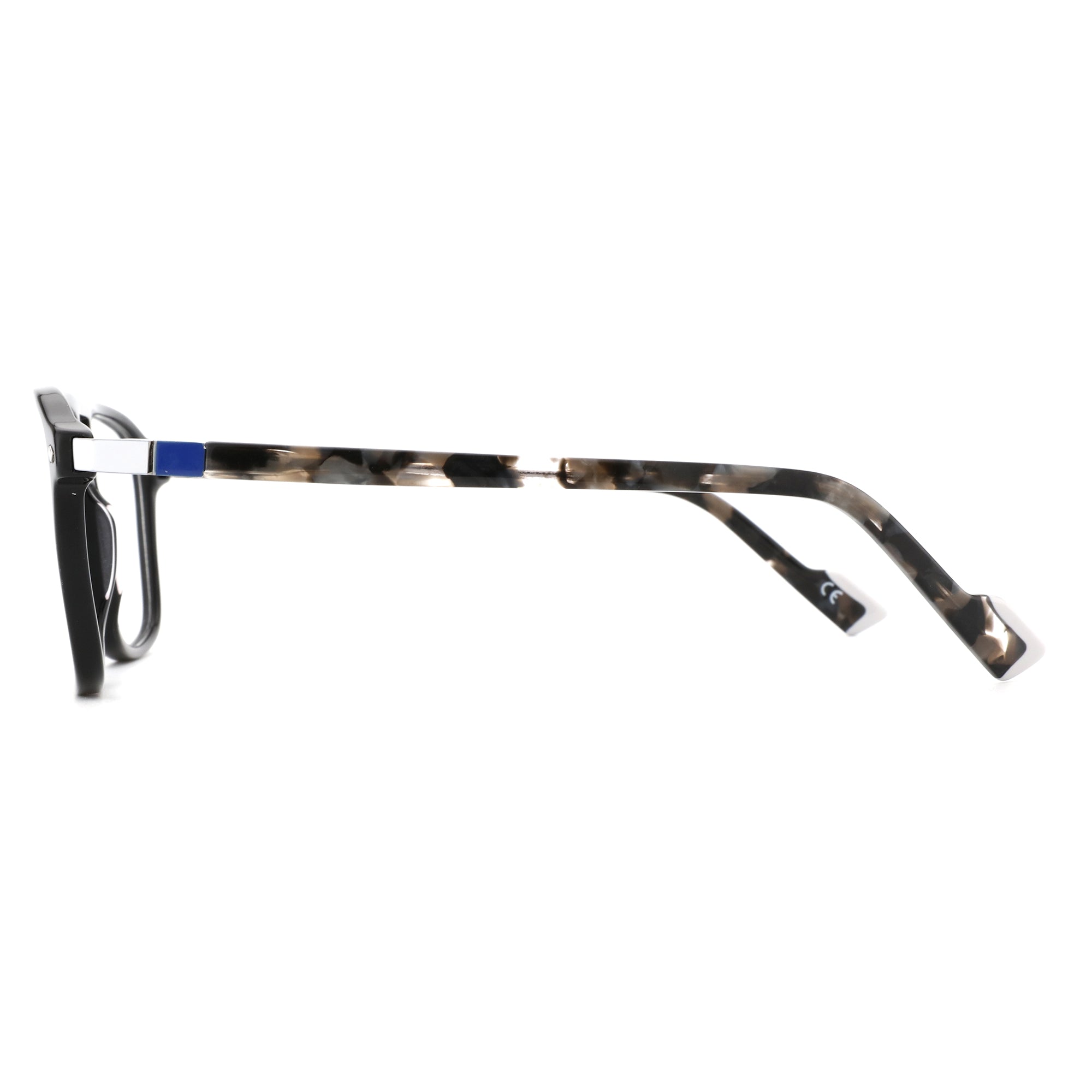 Side view of Zenottic Russ acetate eyeglasses with tortoiseshell temples and black frame