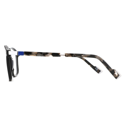 Side view of Zenottic Russ acetate eyeglasses with tortoiseshell temples and black frame
